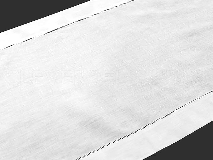 CleverDelights White Linen Hemstitch Table Runner - 16" x 90" - 100% Linen