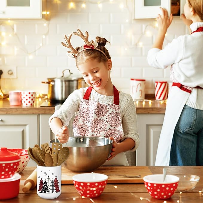 JarThenaAMCS Christmas Ceramic Utensil Holder Red Black White Plaid Xmas Tree Utensil Crock for Winter Home Kitchen Countertop Storage Organizer Container