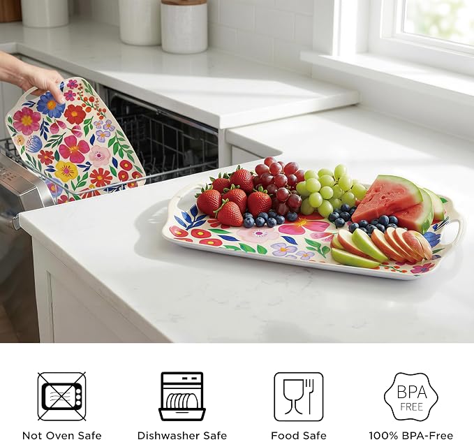 TP Serving Trays with Handles, 17 x 12 Inch Melamine Serving Platters for Food, Meat, Set of 2 Rectangular Trays for Eating, Floral