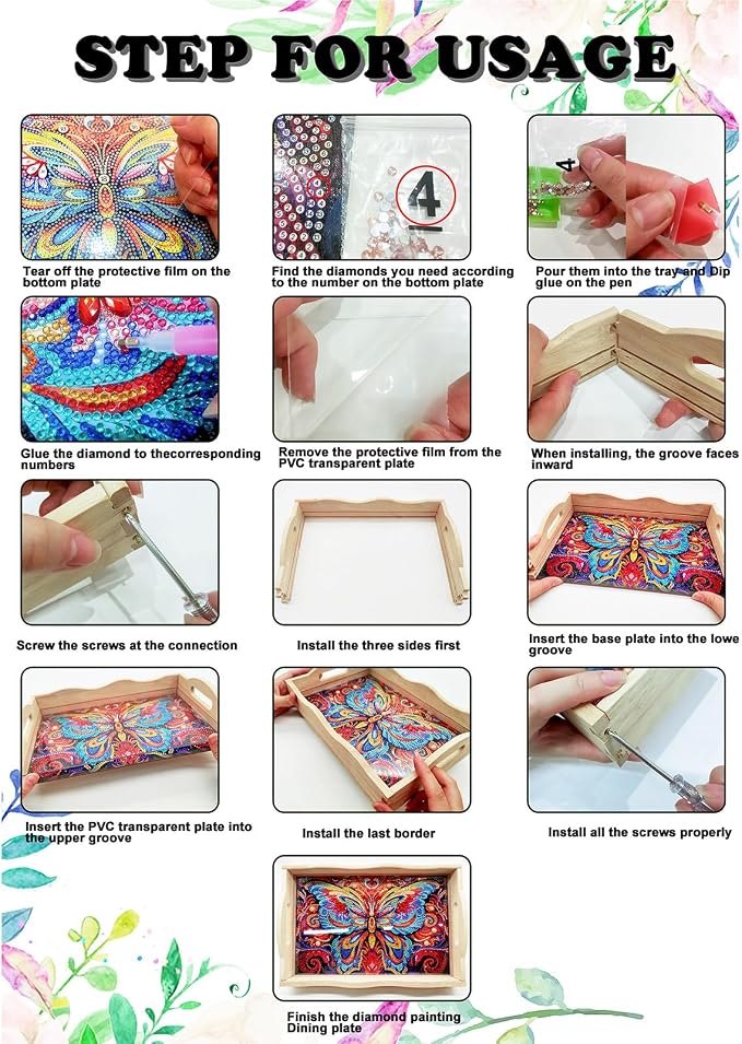 BAYUNOE DIY Diamond Serving Tray Rectangular Breakfast Tray with Handle Handmade Diamond Art Painting Wooden Tray Spring Creative Dinner Plate Coffee Room Living Home Organizer-Rainbow Butterfly Bush