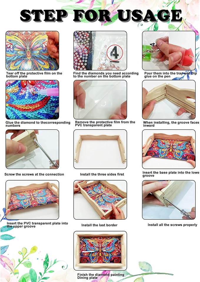 BAYUNOE 2Pcs DIY Diamond Serving Tray Rectangular Breakfast Tray with Handle Handmade Diamond Art Painting Wooden Tray Spring Creative Dinner Plate Coffee Room Living Home Organizer-02