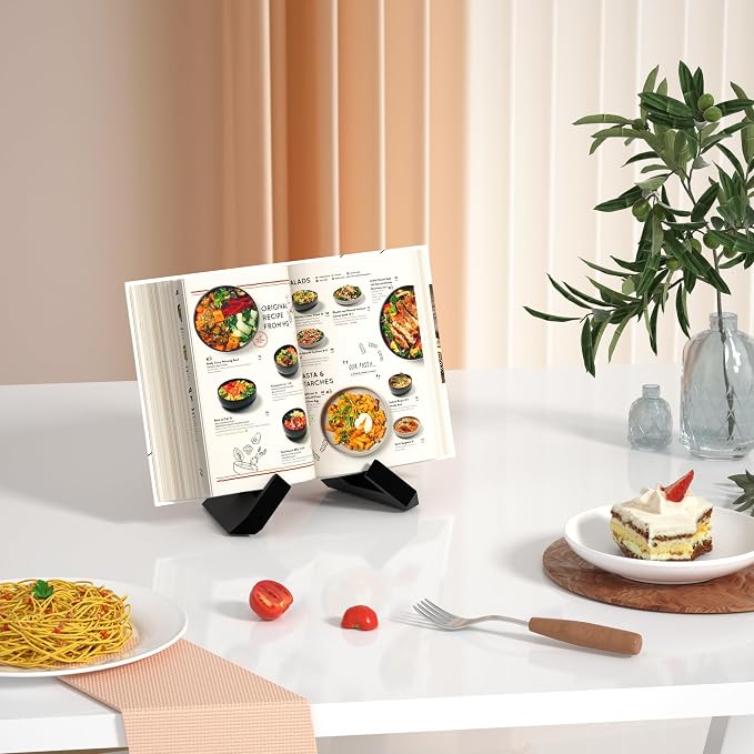 Webtrlics Cookbook Stand, Cookbook Holder for Kitchen,Black Recipe Book Holder for Counter,Wooden Plate Holder Display Stand for Tabletop (Black)