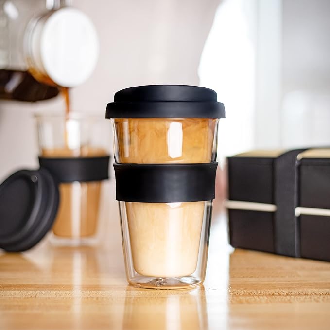 Birchland Double Wall Glass Coffee Cup with Lid, Insulated, 12 oz, Set of 2