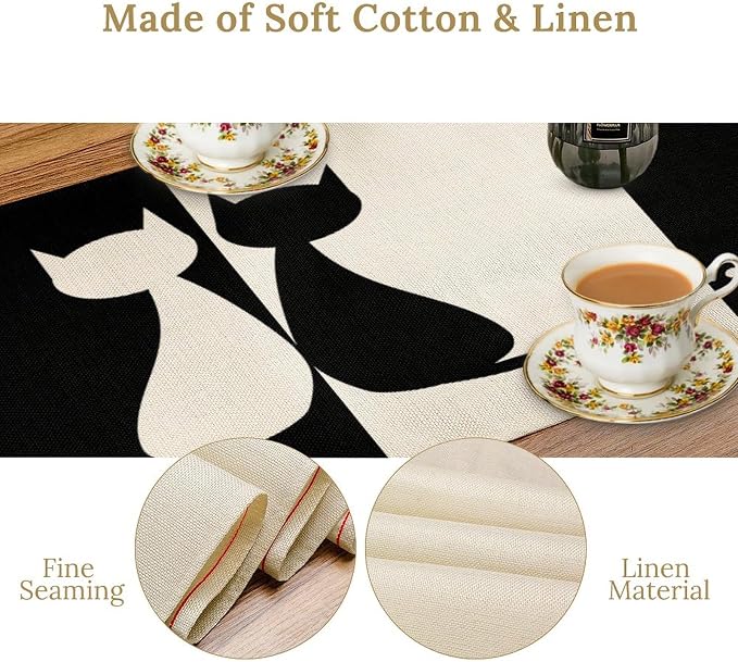 Cartoon Cat Table Runner, Black and White Minimalist Style Abstract Cartoon Patchwork Cat Plant Table Decor Table Top Dining Kitchen Wedding Party 13x108 Inch