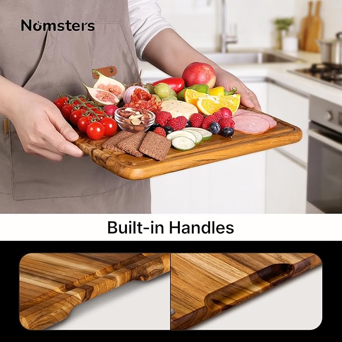 2 Pack Teak Wood Cutting Board for Kitchen Book Wooden Chopping Board Charcuterie Board Non Slip Over Sink Teak Wood NOT Bamboo Acacia Olive