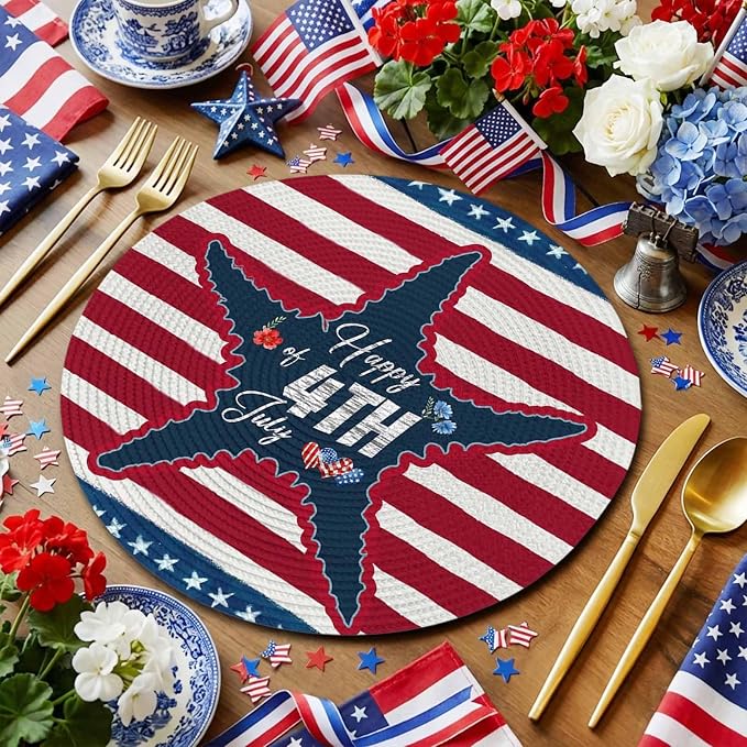 4th of July Round Placemats Set of 8 Happy 4th of July Place Mats Independence Day Woven Placemat Red White Blue Starfish Star Stripes Circle Braided Table Mat for Kitchen Dining Table Party 15 Inch