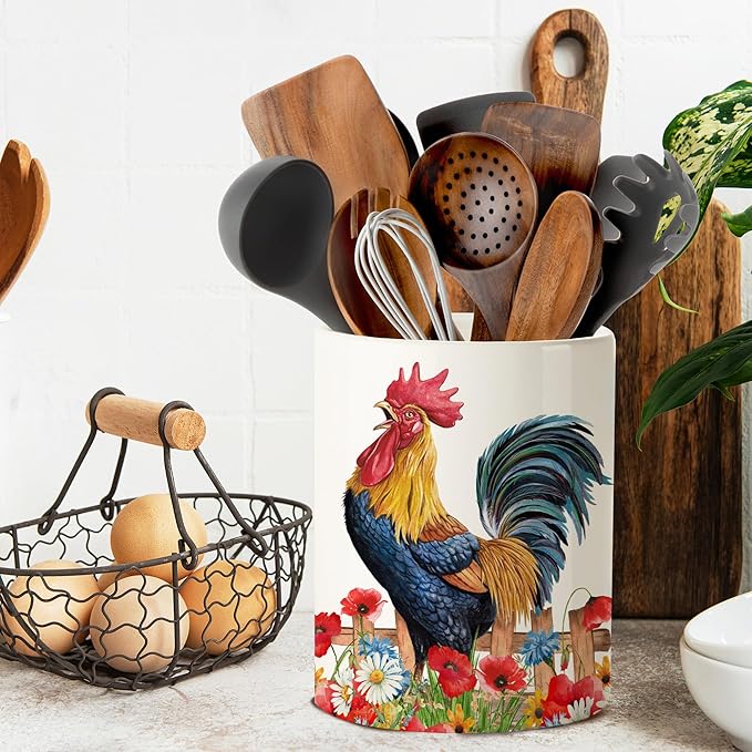 pinata Rooster Kitchen Decor Ceramic Utensil Holder, Cute Rooster Utensils Holder for Farmhouse Indoor Kitchen Decorations Rustic Farmhouse Decor (6.3 inch)