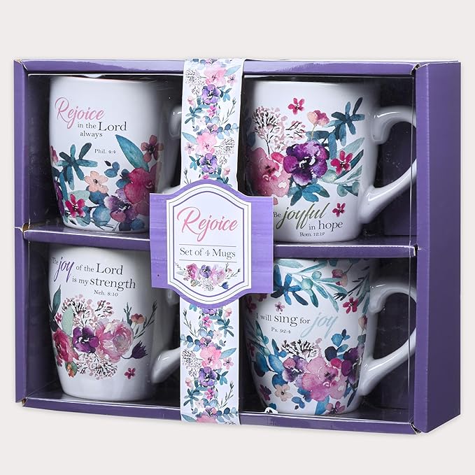 Christian Art Gifts Ceramic Coffee or Tea Mug Set for Women, Rejoice Watercolor Flowers Design Bible Verse Mug Set, Boxed Set of 4 Coffee Cups