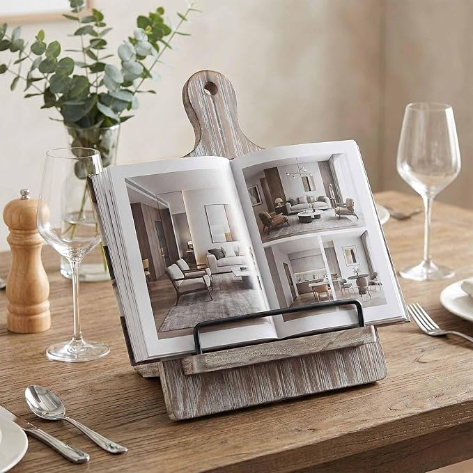 Cookbook Stand Recipe Book Holder for Kitchen Counter, Solid Wood Wooden Recipe Stand Keeps Cookbooks Open, Fits iPad & Tablet, Book Holder for Cooking, Kitchen & Dining Room