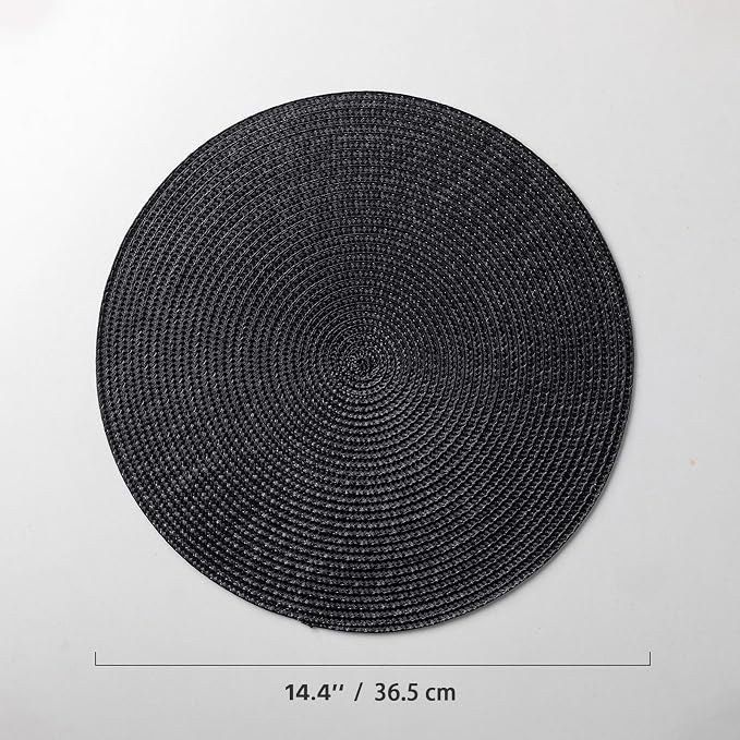 Baroyal Round Placemats Set of 8 Plastic Woven Placemats Washable Wipeable Table Mats for Dining Table Heat Resistant Non-Slip Circle Place Mats (Black)