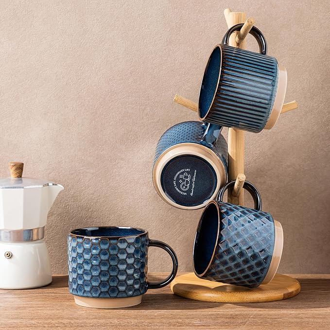 GBhome 12 OZ Stackable Coffee Mugs, Ceramic Coffee Mugs with Texture Patterns for Man,Woman,Dad,Mom, Modern Coffee Mugs Set of 4 for Latte/Cappuccino/Cocoa. Dishwasher&Microwave Safe