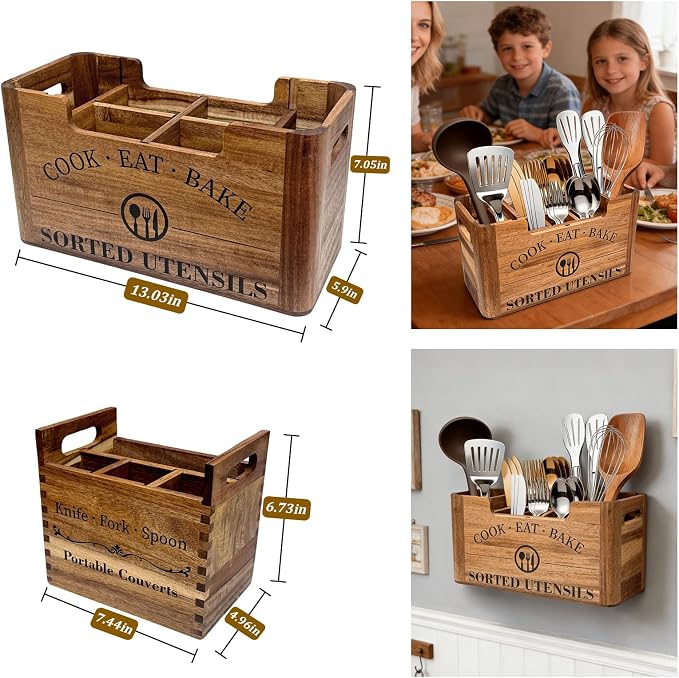 2-in-1 Acacia Wood Kitchen Utensil Holder, Large Farmhouse Countertop Storage with Removable Silverware Caddy, Rustic Wooden Cooking Container for Counter, Island & Dining Room