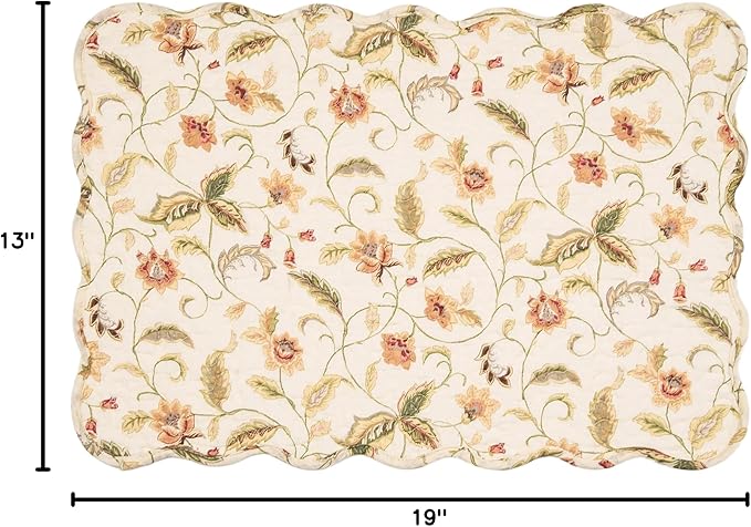 C&F Home Bailey Vintage Quilted 100% Cotton Set of 6 Placemats 13" x 19" Versatile Floral Spring Springtime Fall Autumn Harvest Jacobean Kitchen Tabletop Reversible Machine Wash Scalloped Decor