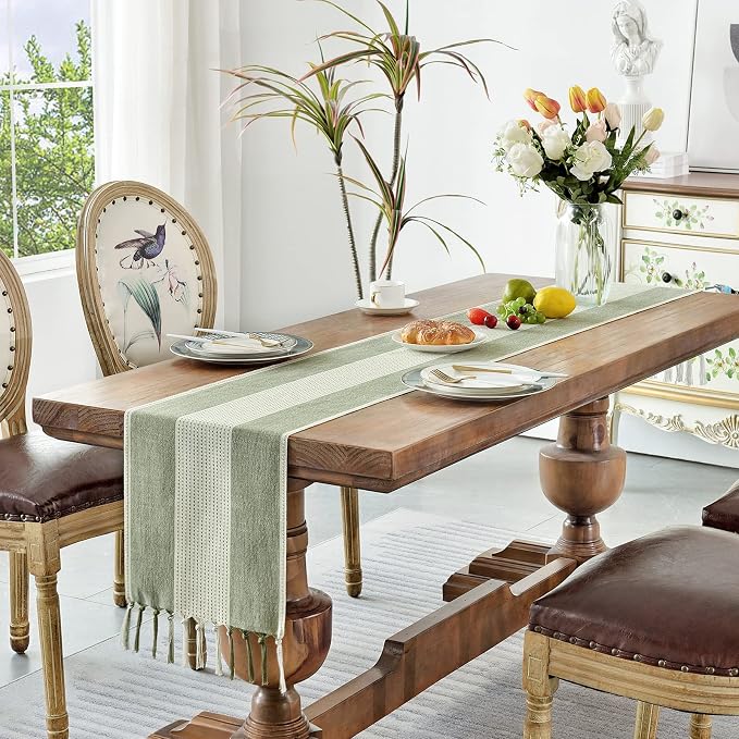 Wracra Linen Table Runner, Farmhouse Macrame Table Runners 48 Inches Long for Dining Table Decor, Wedding, Party and Dresser Decor (Sage Green,48")