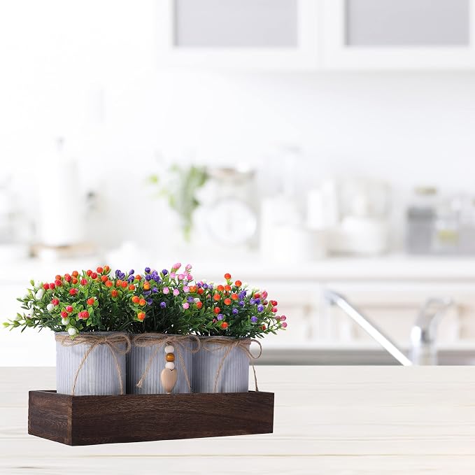 CALAVAK Decorative Centerpiece Wooden Tray with 3 Metal Potted Artificial Milan Flowers Rustic Country Farmhouse Décor for Dining Room, Living Room and Kitchen Table