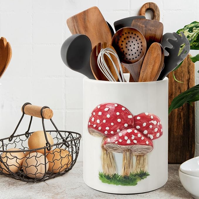 pinata Embossed Mushroom Kitchen Decor Ceramic Utensil Holder, Cute Embossed Mushroom Utensils for Farmhouse Indoor Kitchen Decorations Rustic Farmhouse Decor (6.3 inch)