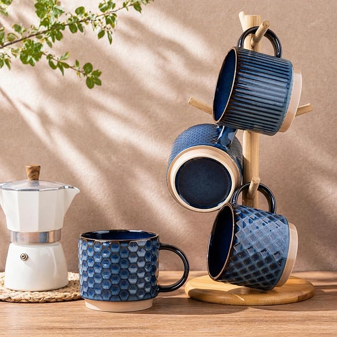 GBhome 12OZ Stackable Coffee Mugs with Stand, Ceramic Coffee Mugs with Texture Patterns for Man,Woman,Dad,Mom, Modern Coffee Cups Set of 4 for Latte/Cappuccino/Cocoa. Dishwasher&Microwave Safe