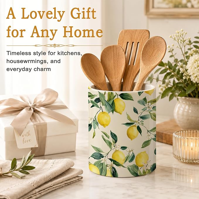 Kitchen Utensil Holder,Lemon Vintage Large Ceramic Utensil Crock Organizer for Spatulas,Spoons and Cooking Tools,Kitchen,Home Decoration 6.3"