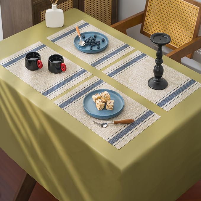 BACKTOEDEN Placemats Set of 8 Heat Resistant Washable Wipeable Placemat Woven Non-Slip Foldable Vinyl/Plastic Place Mats Indoor/Outdoor Mat Kitchen Dining Table Pad, Blue Skyline