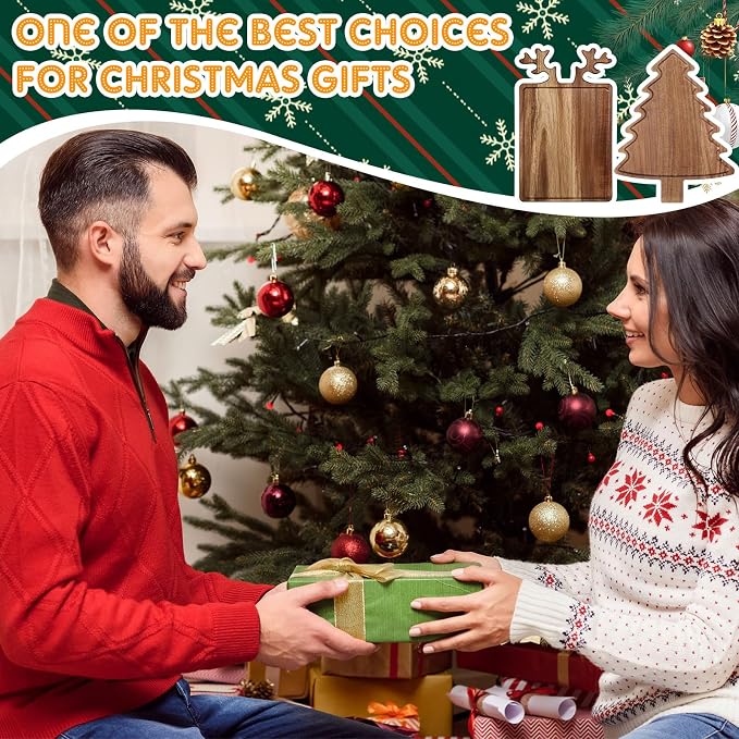 Umigy 2 Pcs Christmas Charcuterie Boards Christmas Tree Wooden Cutting Board with Handle Antler Acacia Wood Cute Cutting Board for Cheese Fruit Bread Salad Vegetables Snack Dessert (Rectangular Elk)