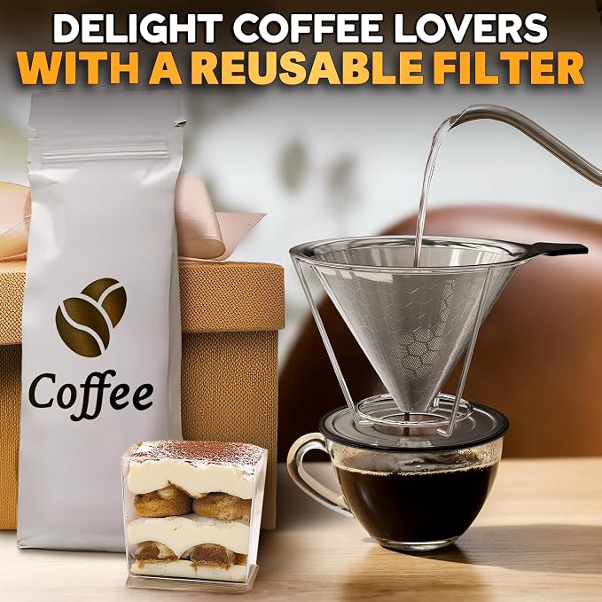 Pour Over Coffee Filter Reusable Stainless Steel - 800 Mesh Dual-Layer Cone Set with Stand and Cleaning Brush - Smooth, Rich Brew, Coffee Dripper Compatible with Hario V60, Chemex Brewers & Most Mugs
