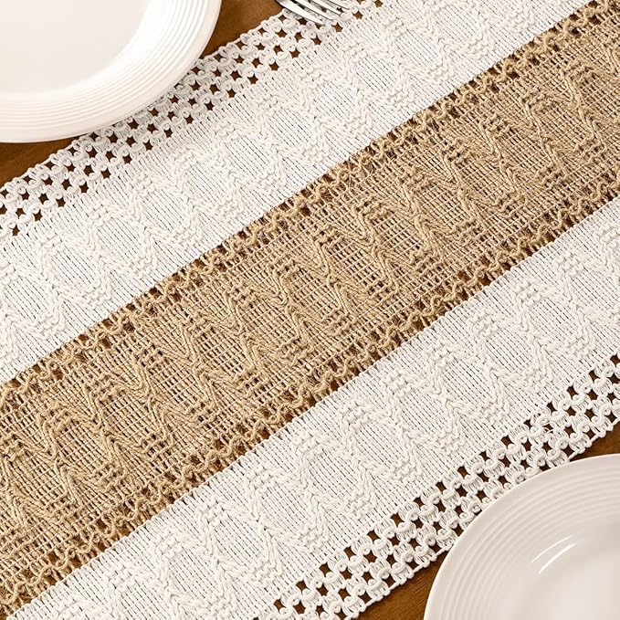 MLMC Ivory & Burlap Boho Table Runner Farmhouse Cotton Burlap Woven Table Runner 36 inch Long Rustic Seasonal Table Decor for Dinning Kitchen Wedding Bridal Shower Eveyrday Use 12x36 Inch