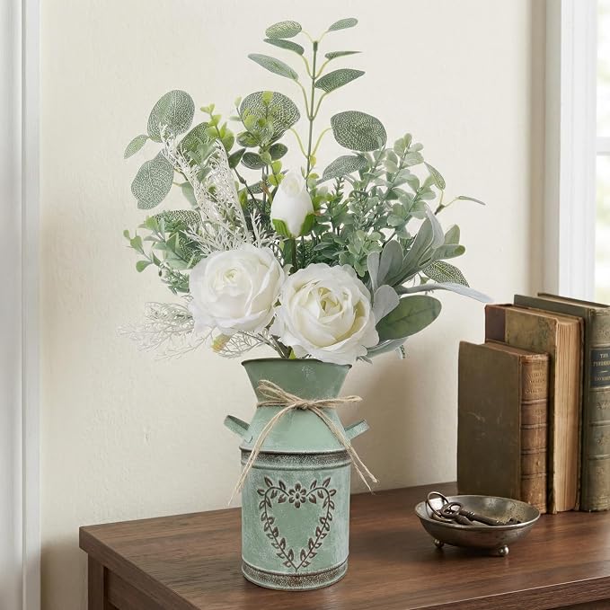 Faux Flowers in Vase 17.5" H Artificial Silk Roses Flower Fake Plants Eucalyptus Arrangement in Metal Vase Faux Silk Floral for Dining Table Centerpieces Home Office Decoration (White/Green Vase)