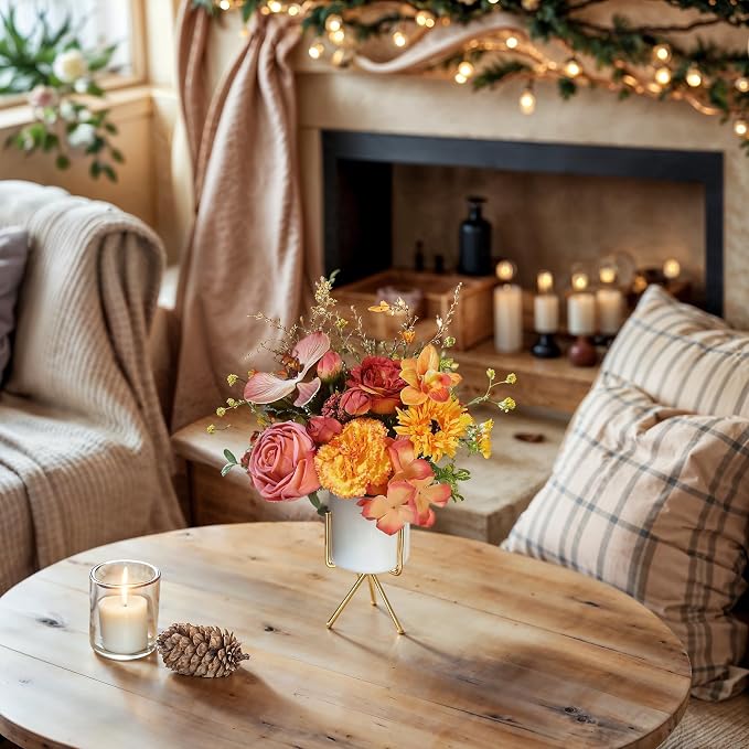 Artificial Flower Arrangement with Ceramic Vase and Gold Metal Stand, Orange and Terracotta Mixed Seasonal Flowers, 12x9 Inches, Silk, Dining Room Centerpiece