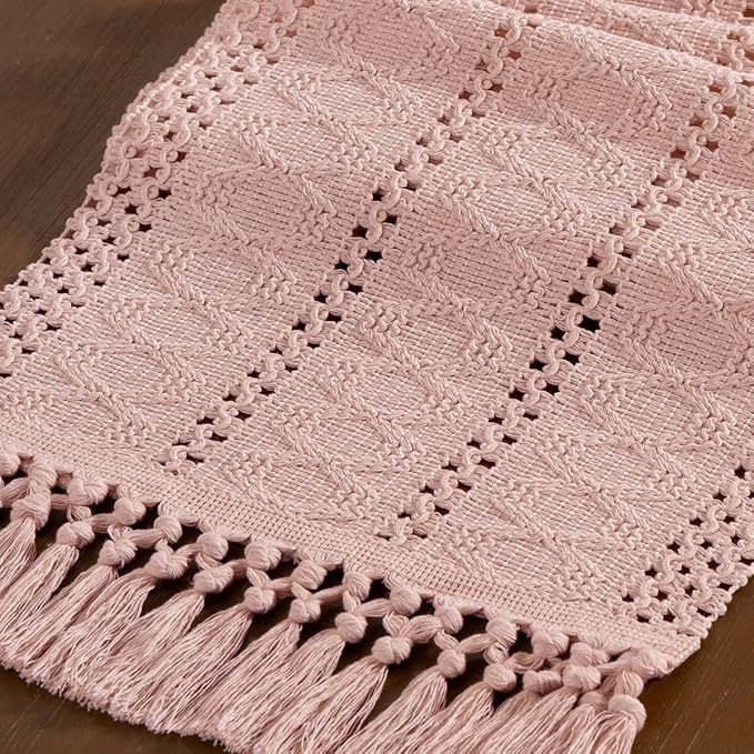 Boho Woven Cotton Linen Table Runner 11"x48" with Tassels Pink Rustic Macrame Farmhouse Table Runner Summer Decor for Summer Dining Room Wedding Kitchen Party