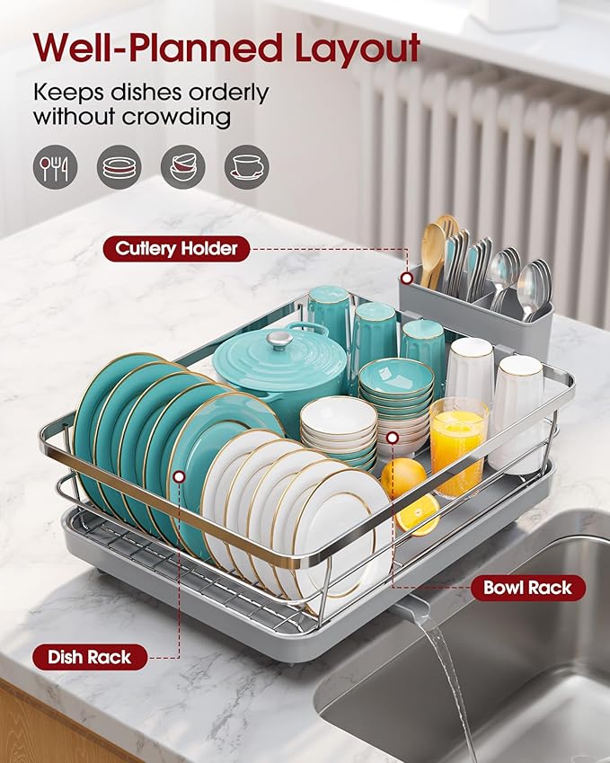 Sakugi Dish Drying Rack - Stainless Steel Dish Rack with Drainboard for Kitchen Counter and Sink, 15.6" D x 12" W x 5" H, Sliver