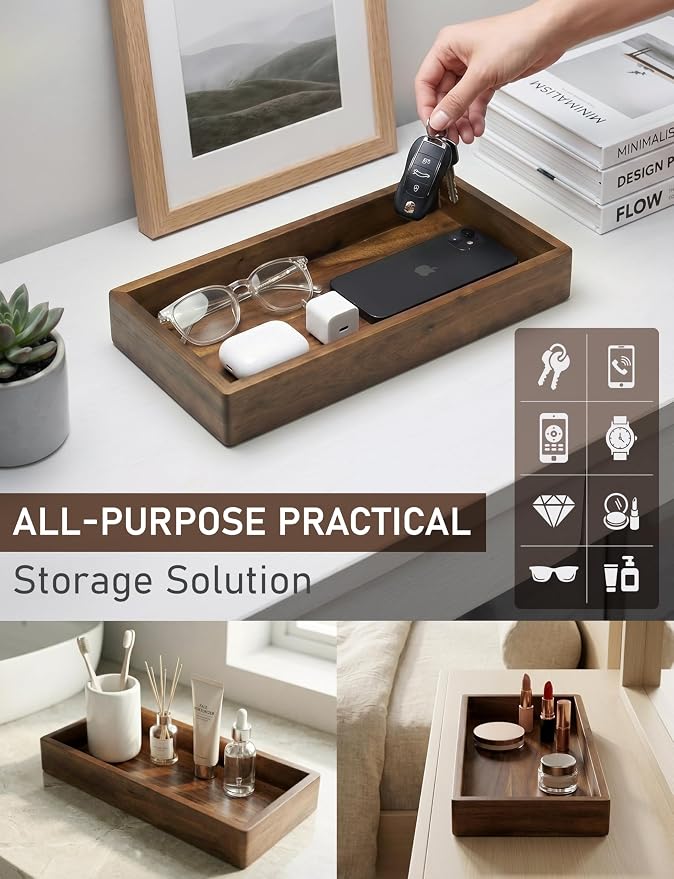 Demigo Acacia Wood Valet Tray & Catchall - Dark Color 12.2" x 6" Organizer for Nightstand, Entryway, Dresser - Holds Keys, Wallet, Phone, Jewelry (Dark Brown)