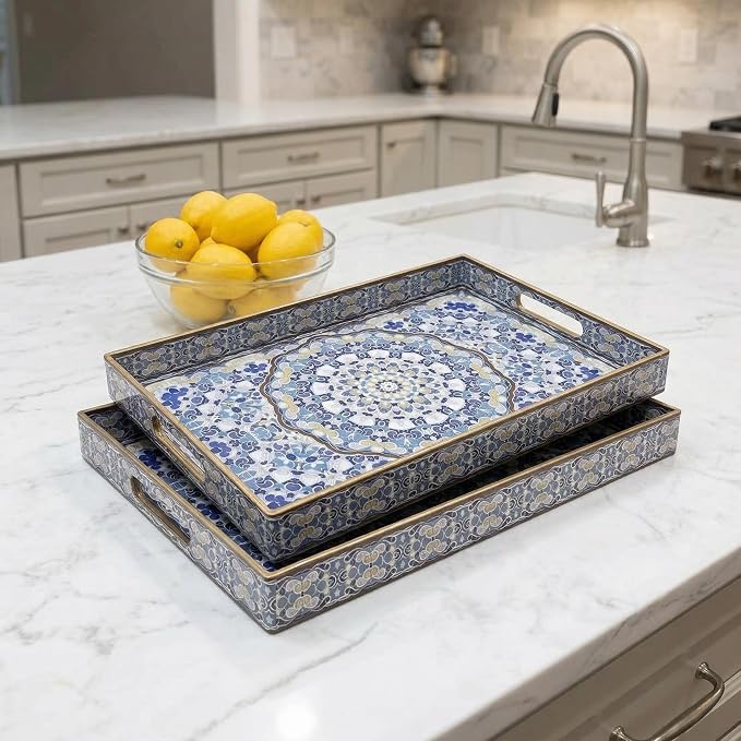 Boho Decorative Tray, Modern Blue Serving Tray with Handles, Ottoman Trays Set of 2, Plastic Coffee Table Tray for Living Room, Bathroom, Kitchen, Decor, Large 15.7”*11.8”, Small 13.7"*9.8"
