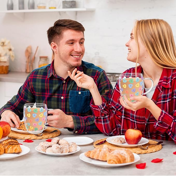 JarThenaAMCS Valentine' s Day Double Wall Glass Coffee Mugs Insulated Glasses 12Oz Candy Conversation Heart Clear Espresso Cups with Handle for Home Holiday Supplies, Set of 2