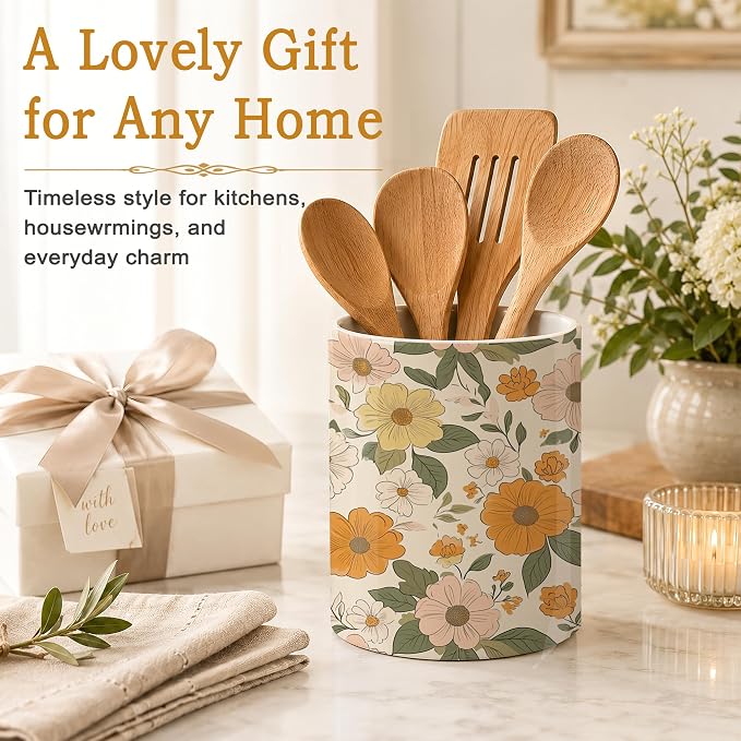 Kitchen Utensil Holder,Retro Boho Groovy Flower Ceramic Utensil Crock for Countertop,Cooking Tools Storage jar for Spatulas and Spoons,Housewarming Gifts 6.3"