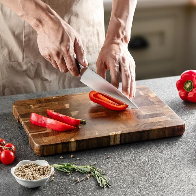 James.F End Grain Cutting Boards, Wooden Cutting Board for Kitchen with Side Handles, Acacia Wood Butcher Block Chopping Board for Meat Bread (13"x9"x1")
