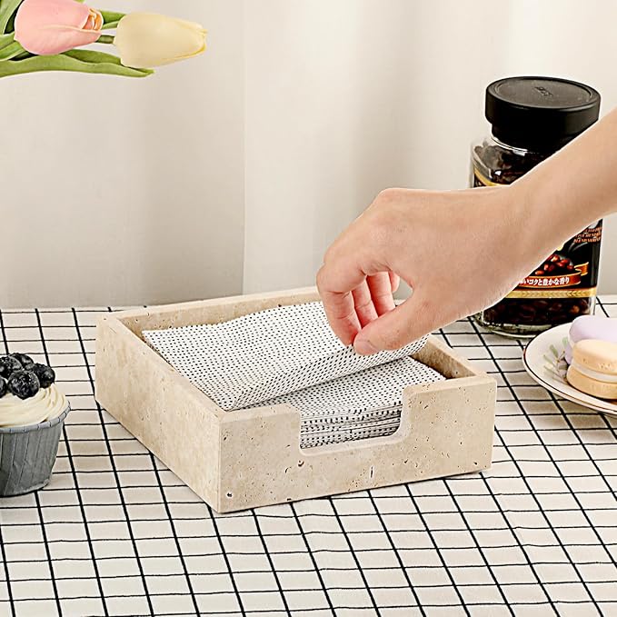 Sumnacon Travertine Cocktail Napkin Holder for Table, 6.2" x 6.2", Square Napkin Holders Small Napkin Tray, Flat Modern Napkin Dispenser for Kitchen, Countertop, Dining Table, Party, Bar