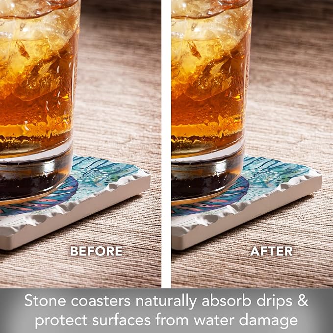 Thirstystone Jewels of The Sea 4 Pack Assorted Tumbled Tile Stone Coasters with Protective Cork Backing Manufactured in The USA Absorbent Easily Wipes Clean