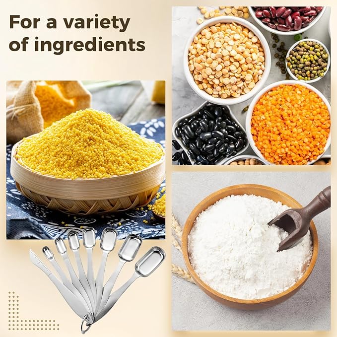 8 Pcs Stainless Steel Measuring Spoon Set, Square Measuring Spoons with Leveler Scraper, Engraved Teaspoon Tablespoon Measurements, Deep Jar Design, Kitchen Baking Cooking Tool