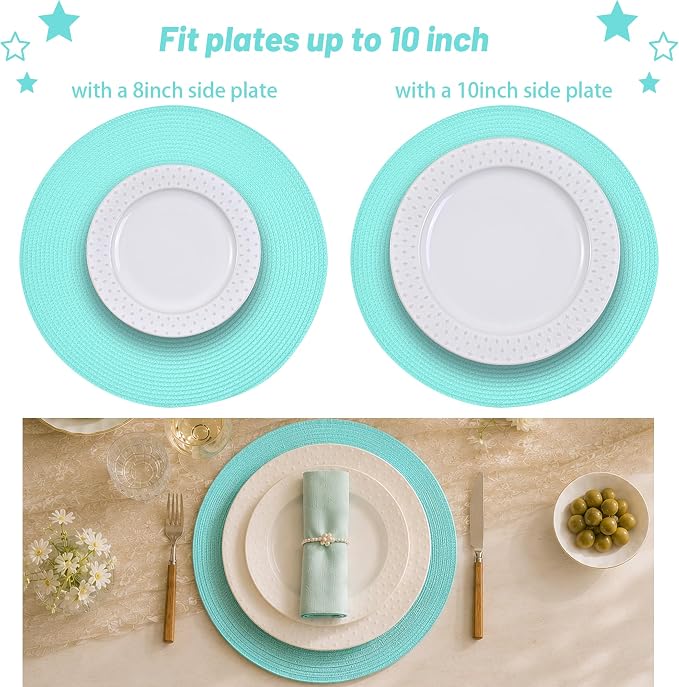 Feuille Round Braided Placemats Set of 4 Place Mats for Dining Table Woven Washable Non-Slip Table Mats 13.5 Inch (Lt.Blue, 4pcs)