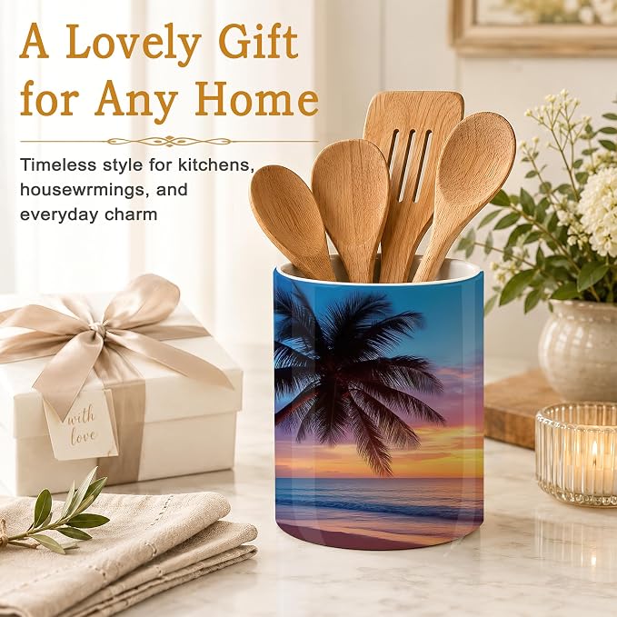Tropical Palm Kitchen Utensil Holder,Sunset Trees Sea Beach Large Ceramic Utensil Crock for Countertop,Cooking Utensil Organizer for Spatulas,Spoons