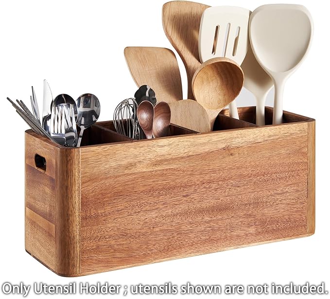 16" Wooden Kitchen Utensil Holder, Extra Large Acacia Wood Organizer for Cooking Tools, Utensils & Cutlery Storage – 4-Compartment Countertop Holder
