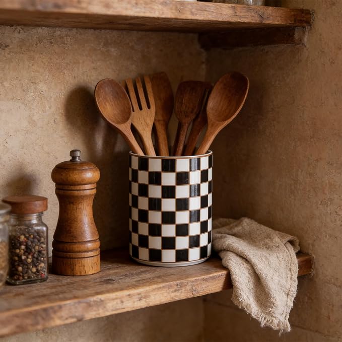 Checkered Kitchen Utensil Holder,Black And White Ceramic Cooking Utensil Holder Modern Utensil Crocks for Kitchen Counter,Housewarming Gift, Farmhouse Kitchen Decor and Accessories (Black)