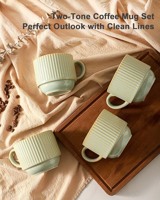 HASENSE Ceramic Coffee Mugs Set of 4 with Rack - 15 oz Stackable Large Porcelain Ribbed Latte Cup Set for Cappuccino, Tea, Hot Cocoa, Drinks - Dishwasher & Microwave Safe, Green Earth