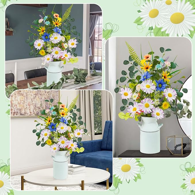 Krissing Fake Flowers with Vase, 23" Tall Faux Floral Arrangement in Metal Pot Silk Artificial Wild Yellow Flowers Greenery Stems for Table Centerpieces Home Dining Room Spring Decor