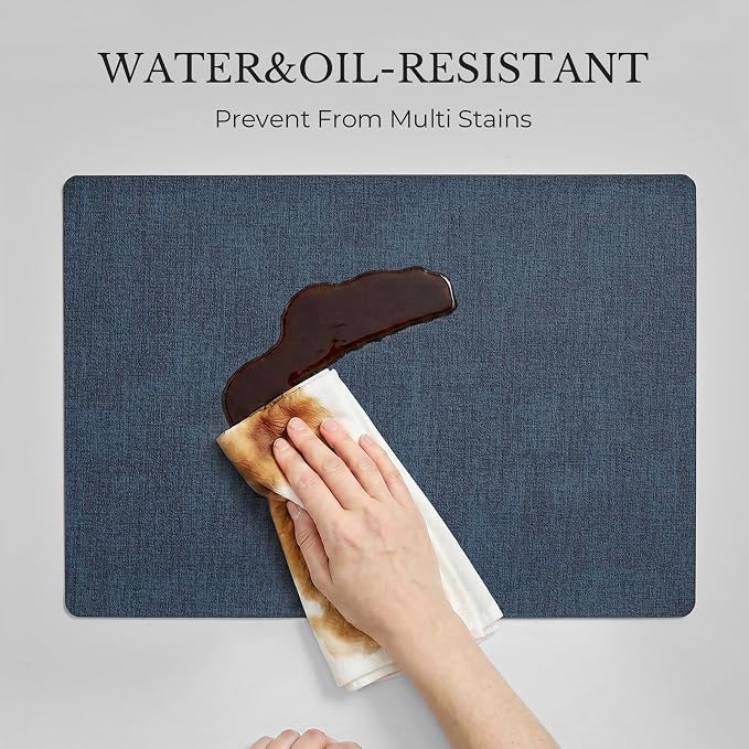 Romanstile Vinyl Placemats Set of 6, Reversible Faux Leather Heat Resistant Wipeable Table Mats, Waterproof Washable Non-Slip Table Placemats for Dining/Kitchen/Outdoor (Grey Nave Blue, 12" x 17")