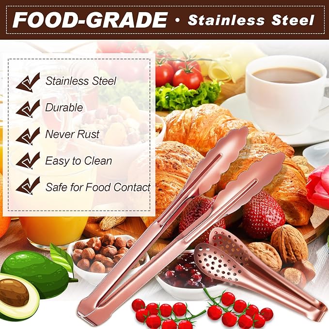 Sawysine 12 Pieces Tongs for Serving Utensils Mini Serving Tong Stainless Steel Appetizer Kitchen Toy Sugar Ice Food Cooking Utensils for Salad Buffet Party, 5 Inch, 9 Inch(Rose Gold)
