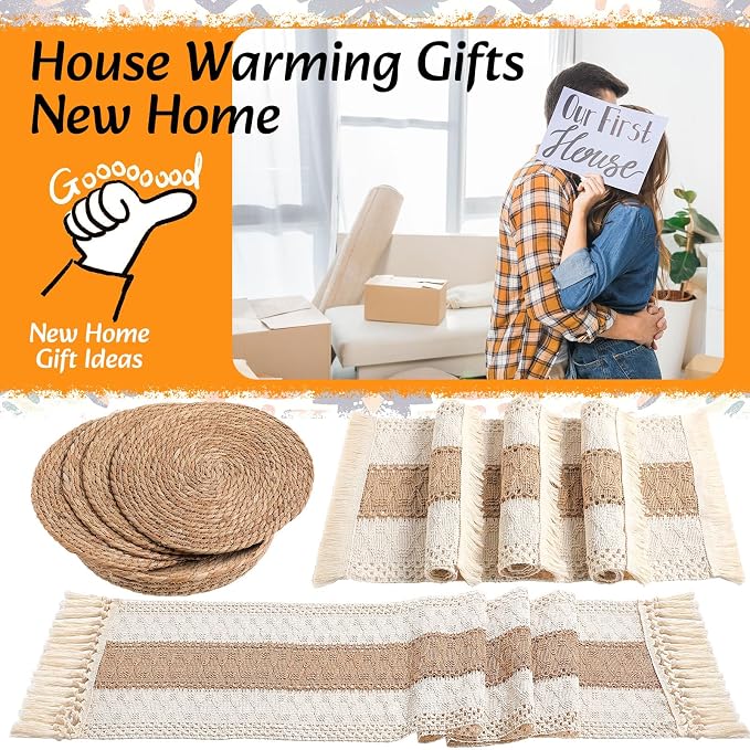 Boho Placemats 4/6/8 Set of Round Woven Placemat Macrame Style Bicolor Stitching Long Table Runner Farmhouse Rustic Natural Burlap Cotton for Kitchen Dining Table(4 Sets,Brown,12x72)
