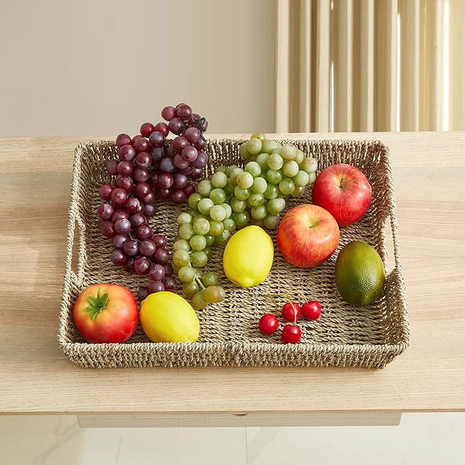 JS HANGER 16.93" Hand-Woven Rattan Serving Tray Decorative Wicker Trays with Built-in Handles for Coffee Table, Natrual Grass Storage Tray
