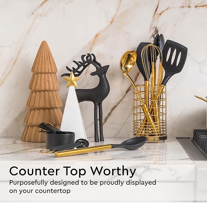 Black and Gold Kitchen Utensils Set - 7-Piece Silicone Cooking Tools with Gold Utensil Holder for Nonstick Cookware and Modern Kitchens - Stylish Luxury Kitchen Accessories