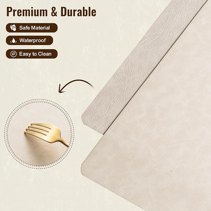 Placemats Set of 6, DOLOPL Reversible Dual-Color Faux Leather Place Mats 17"x11.8"– Waterproof, Heat Resistant, Washable & Wipeable, Luxury Retro Style for Kitchen, Dining Table (Beige & Light Grey)